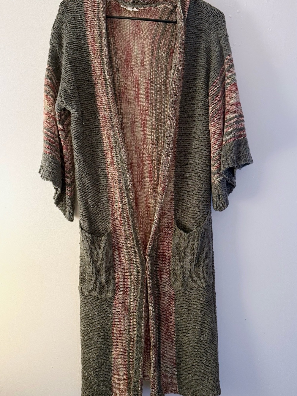 easel Olive and Mauve Open-Front Knit Duster Cardigan